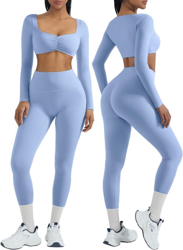 2 Piece Workout Sets for Women Long Sleeve Padded Sports Bra High Waisted Gym Outfits with Pocket